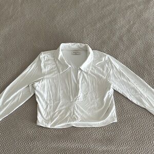 Aritzia BABATON White Long Sleeve Collared Crop Top